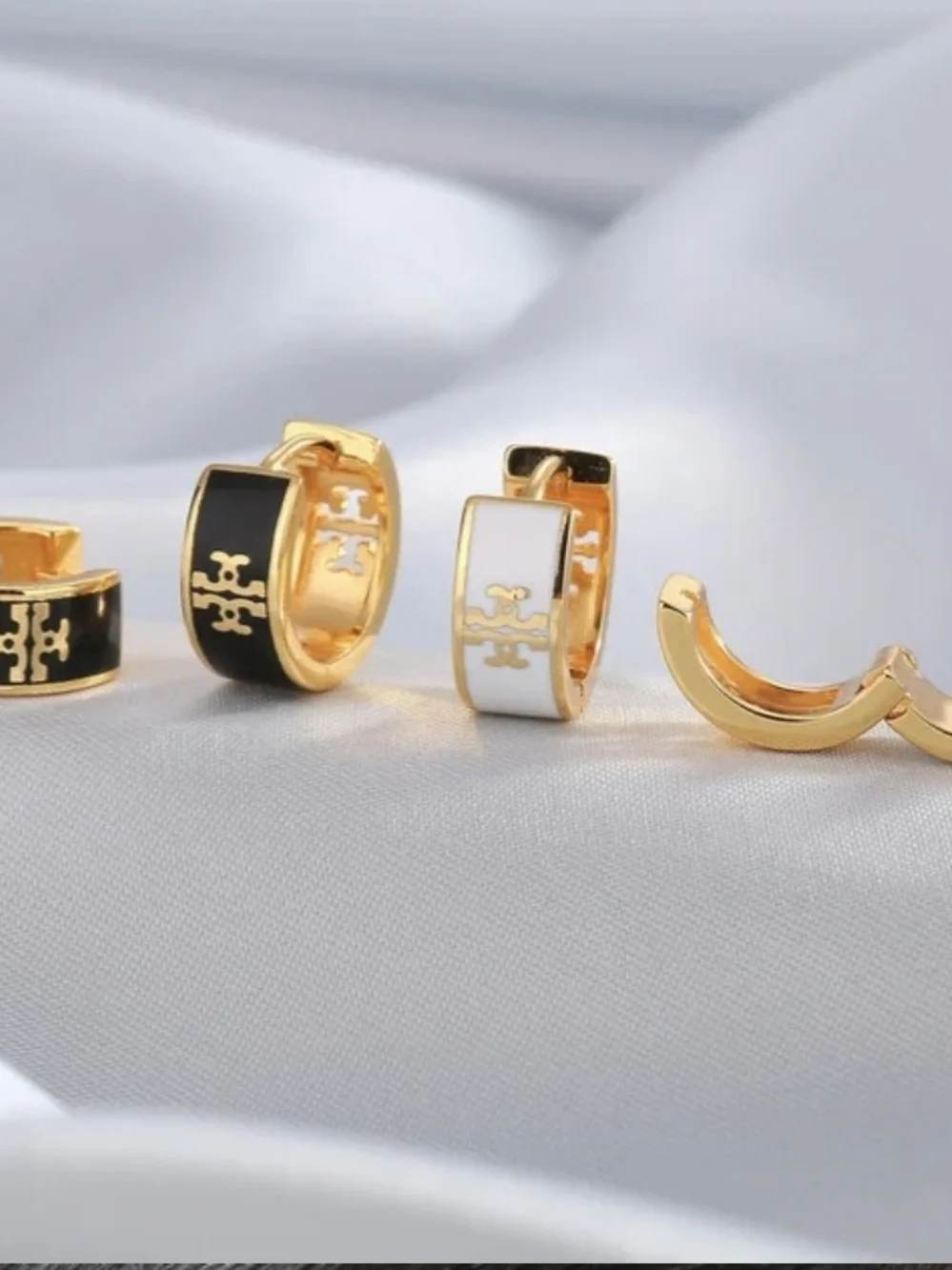 Designer Inspired Gold Hoop Earrings with Black or White Enamel